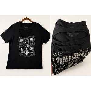 PBR Professional Bull Riders Graphic T-Shirt Black Slashed Cutout Neckline XL